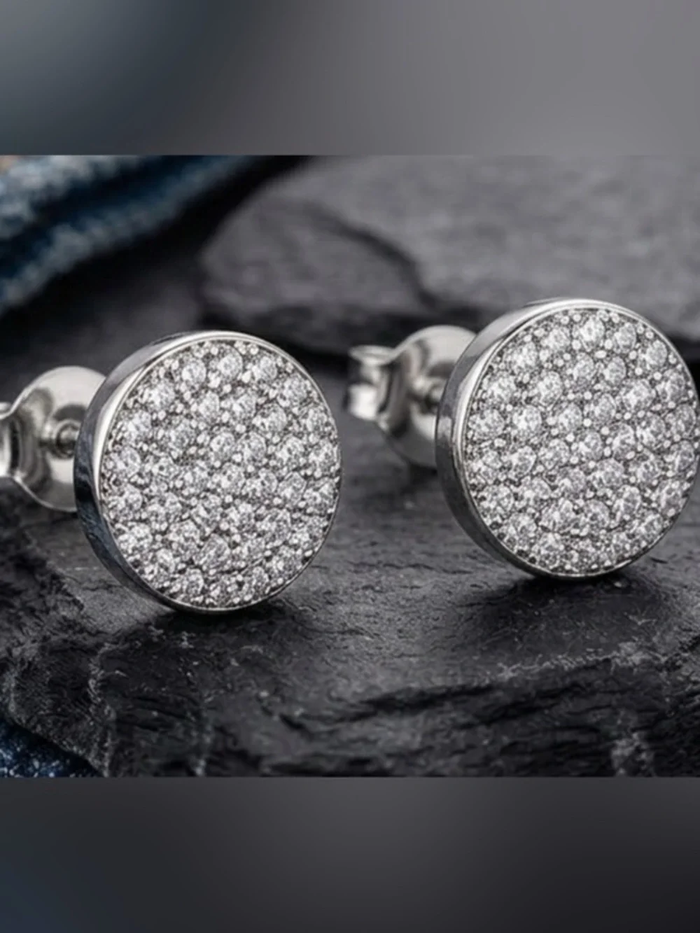 Men's Round Pavé Stud Earrings in Silver - Minimalist Accessory